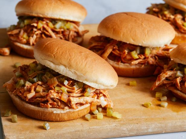 "Shredded BBQ chicken sandwiches"