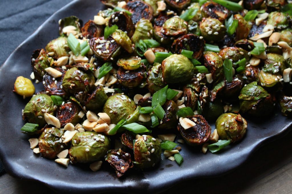 Roasted Brussels sprouts with sesame and fried rice