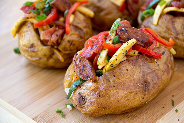 Stuffed baked potatoes with tomato soup