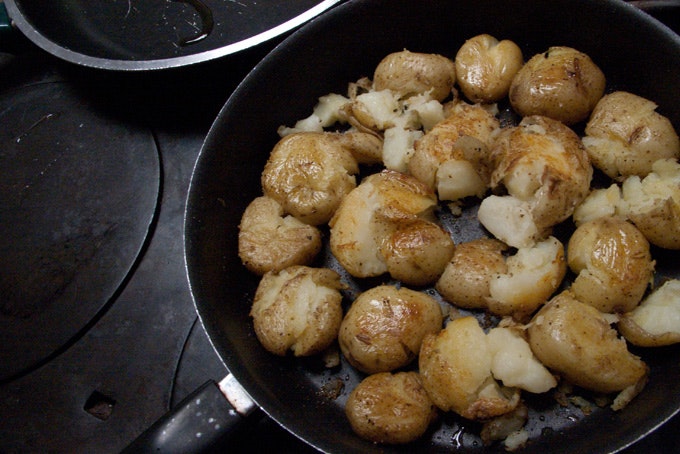 On the stovetop, reheat the potato.