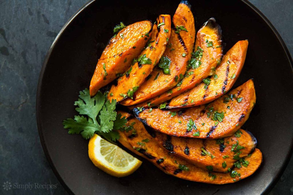 Sweet potatoes that have been grilled with Cabbage Rolls